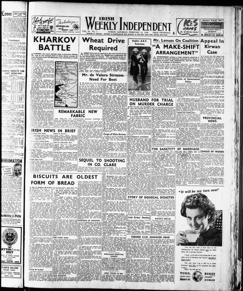 Front page of the Irish Independent from 13 February 1943
